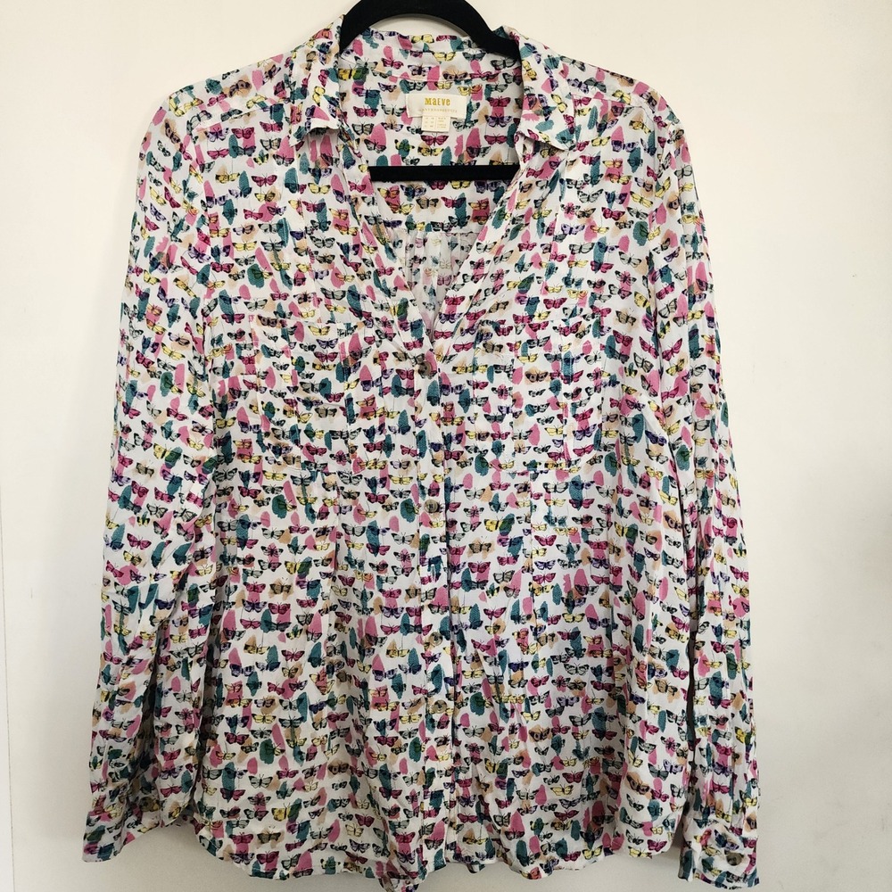 Maeve Butterfly Print Blouse Women 12 Multicolor Excellent Rayon Button Down